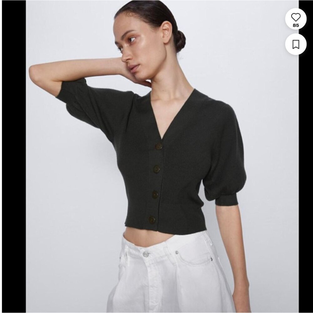 Zara GREEN cardigan with puff sleeve Size S